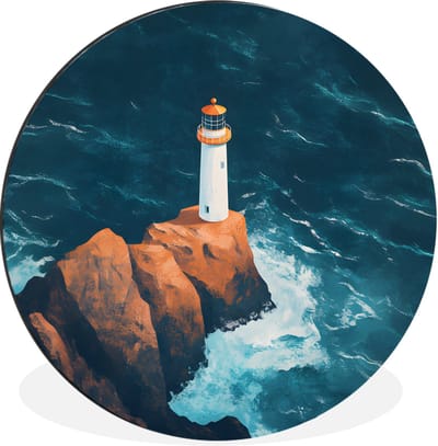 WallCircle - Wandcirkel - Muurcirkel - Vuurtoren - Rots - Zee - Golven - Aluminium - Dibond - 30x30 cm - Binnen en Buiten