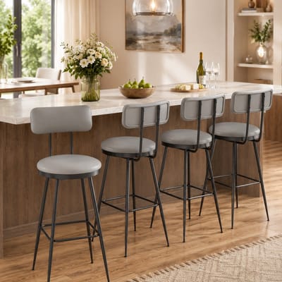 Barkrukken - Set van 4 - Zithoogte 86 cm - Barstoel - met Rugleuning en Voetsteun - Industriële - Rond Design - Metalen frame - leer Grijs