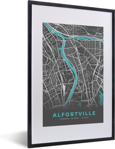 Fotolijst incl. Poster - Alfortville - Frankrijk - Plattegrond - Kaart - Stadskaart - 40x60 cm - Posterlijst