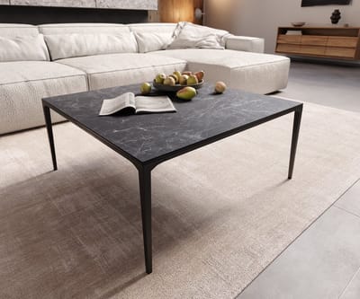 Salontafel Levente Keramisch Laminam®Nero Greco grijs 85x85 cm Onderstel metaal zwart