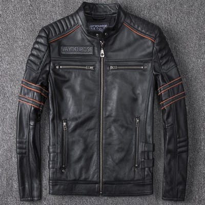 Echt leren jas voor heren, slank gesneden, opstaande kraag, motorpak, toplaag rundleer, jas met schedelborduurwerk, korte jas L gray