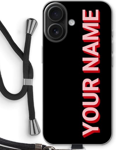 Gepersonaliseerd - Case Company® - Hoesje met koord geschikt voor iPhone 16 hoesje met Koord - Namecase - Telefoonhoesje met Zwart Koord - Bescherming aan alle Kanten en Over de Schermrand