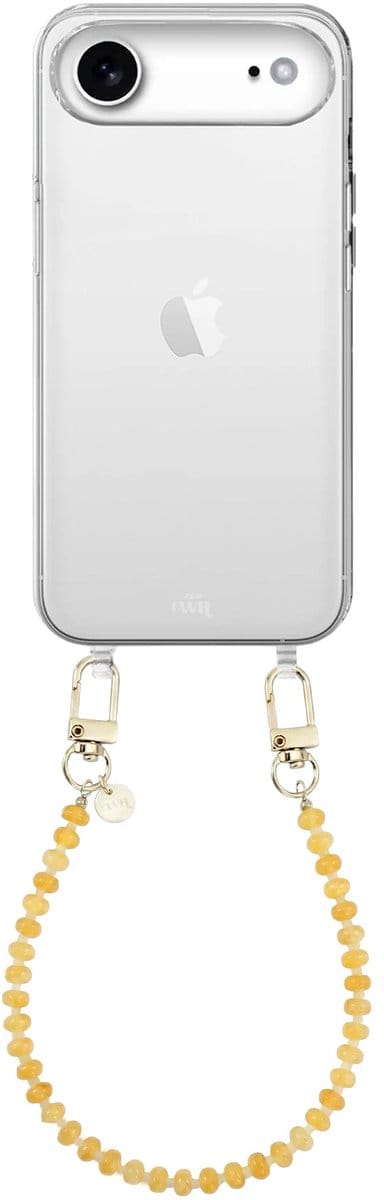 xoxo Wildhearts siliconen hoesje geschikt voor iPhone 17 Air - Dusty Yellow - Kort koord - Telefoonhoesje - Hoesje met koord - Kralenketting - Geel telefoonkoord - Transparant hoesje