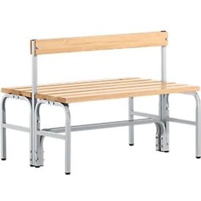 Kleedkamerbank, stalen buizen/hout, dubbel, met rugleuning, L 1015 mm, blank aluminium