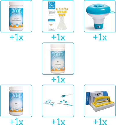 Zwembad Onderhoudspakket - Onderhoud Zwembad - bevat Chloor - Testrips - Chloordrijver - PH-min - PH-plus - Schoonmaakset en Scrubborstel (7-delig)