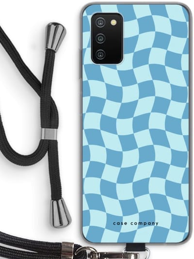 Case Company® - Hoesje met koord geschikt voor Samsung Galaxy A03S hoesje met Koord - Grid Blauw - Telefoonhoesje met Zwart Koord - Bescherming aan alle Kanten en Over de Schermrand