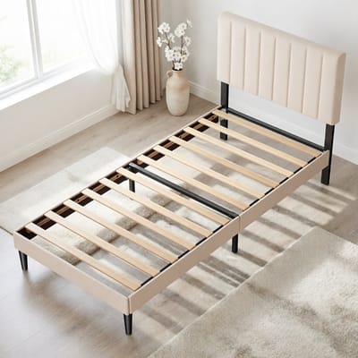 KUTAS Gestoffeerd Bed 90x200 cm - Eenpersoonsbed - Opbergruimte Onder Het Bed - Met Lattenbodem - Stevig Metalen Bedframe - Anti Slip - Verstelbaar Hoofdeinde - Zonder Matras - Grijs