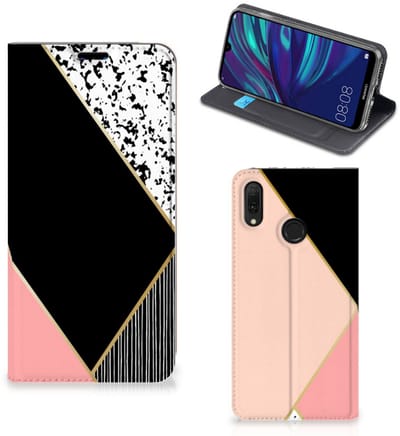 Huawei Y7 hoesje Y7 Pro (2019) Stand Case Zwart Roze Vormen