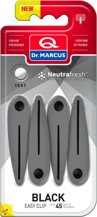 Dr. Marcus Easy Clip Black luchtverfrisser met neutrafresh technologie - Autogeurtje voor in de auto - Tot 45 dagen geurverspreiding per clip - 4 clips voor 4 sterktes