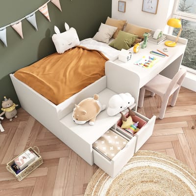 MEUNIQ Kinderbed 90 x 200 cm met bureau, 2 lades en lattenbodem, wit kajuitbed met opbergruimte voor de kinderkamer, grenenhout en MDF
