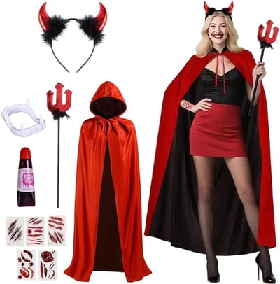 Demonen Kostuum voor Vrouwen - Halloween Outfit met Hoornenkopband, Duvet en Tatoeage Accessoires