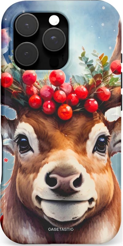 Casetastic hoesje geschikt voor Apple iPhone 16 Pro - MagSafe - Dubbellaagse bescherming - Rudolph het Kerst Rendier - Fashion Case - Zilver Taupe Donkergrijs Perzik