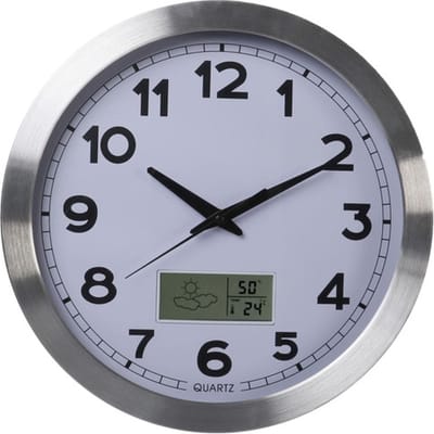 Perel Wandklok 35 cm analoog met LCD temperatuur en luchtvochtigheid, wijzerplaat, thermometer hygrometer en weerstation, zilverkleurig aluminium frame, woonkamer keuken kantoor wachtkamer