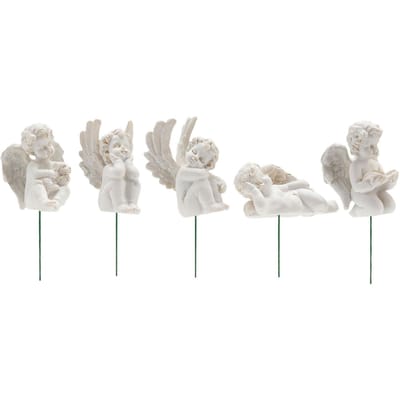 5 Stuks Cupido Beeldje Op Stok Duurzaam Hars Miniatuur Witte Engel Beeldje voor Tuin Achtertuin Gazons white