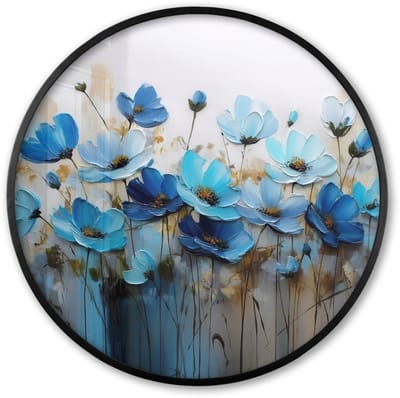 Poster in lijst Rond - Fotolijst 60x60 cm - Posters - Bloemen - Schilderij - Blauw - Ronde posterlijst zwart - Decoratie - Wanddecoratie woonkamer - Muurdecoratie slaapkamer