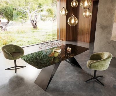 Eetkamertafel Edge Boot Glas smelten rokerig zwart 3D-Relief 200x100 V-frame vlak staal zwart