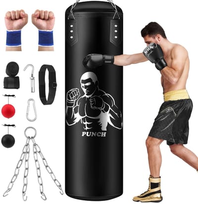 Raven Trading - Bokszak Set 120 cm Ongevuld met Bokshandschoenen, Reflexballen, Bandages en Ophangset - Complete Hangende Boksbal van PU Leer voor Boksen, Kickboksen, MMA, Fitness, Conditietraining en Thuisgebruik
