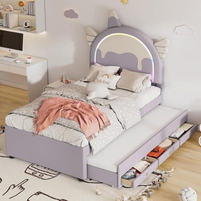 Eenpersoons Kinderbed 90x200cm met Uitschuifbed en Lades in Schattig Eenhoorn Design