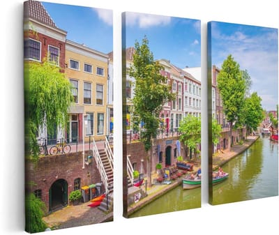 Artaza Canvas Schilderij Drieluik Huisjes Aan De Oudegracht In Utrecht - 120x80 - Foto Op Canvas - Canvas Print