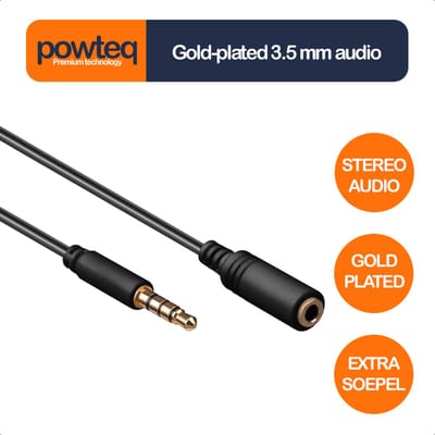 Gold-plated Powteq - Audio verlengkabel - 3.5mm jack - 50 cm - Stereo - Zwart