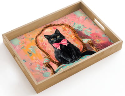 Dienblad hout 40x30 cm - Schootdienblad - Kat - Roze - Stoel met bloemenmotief - Borrelplank rechthoek - Plateau dienbladen