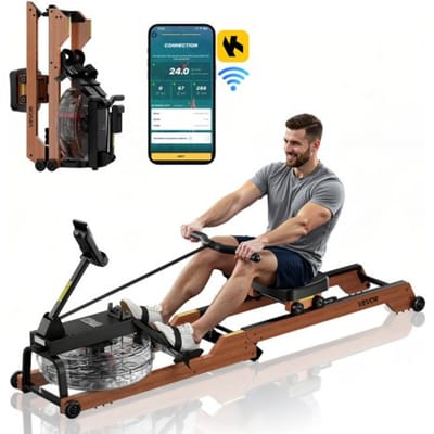 VEVOR Roeimachine, 6-traps stille weerstand, opvouwbare houten waterroeimachine met 14 liter watertank en lcd-monitor, Bluetooth-app-compatibel, maximaal draagvermogen van 158 kg, meeslepende roeimachine
