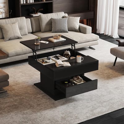 BLACKCOLORS 70*70*45 cm Geometrische salontafel, 360° draaibaar tafelblad, opklapbare salontafel met 1 lade, glanzende salontafel met verborgen opbergruimte, salontafel, bijzettafel, zwart