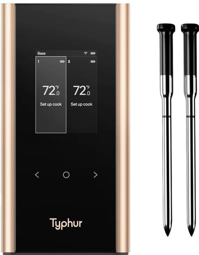Thijox - Draadloze Vleesthermometer met 2 Sondes, Nauwkeurigheid ±0,3 °C, IPX8 Waterdicht, Aluminium Basis, Grill- en Oventhermometer voor Kamado, BBQ