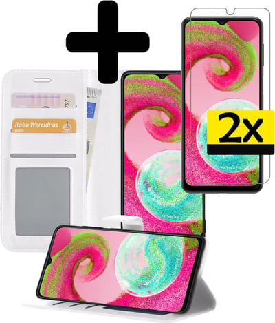 Hoesje - Met 2x Screenprotector - Geschikt voor Samsung Galaxy A04s - Luxe Pasjeshouder - Bookcase Portemonee - Flip Case - Kunstleer Book Case - Flipcase Hoes - Book Cover - Walletcase - Portemonneehoes - Telefoonhoesjes - Wit