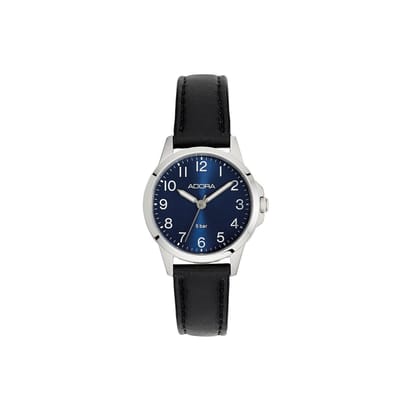 Adora Dameshorloge AB6663 – 29 mm – Donkerblauwe Wijzerplaat – Zilverkleurige Kast – Zwarte Leren Band – 5 BAR Waterdicht