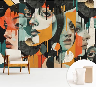 Wallfluent Behang - Kleurrijke gezichten Muurbehang - 312x219 cm - Zwart Behang - Voor natuurliefhebbers en liefhebbers van lentelandschappen - Behang Voor de slaapkamer, woonkamer en hal - Behangrol Deel