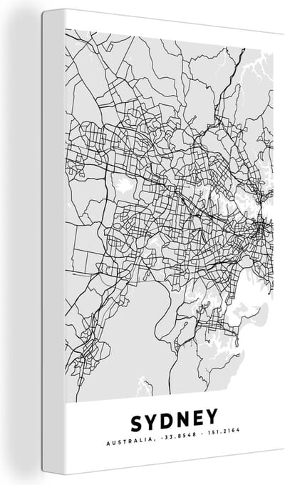 Canvas Schilderij Sydney - Stadskaart - Plattegrond - Zwart Wit - Kaart - 20x30 cm - Wanddecoratie