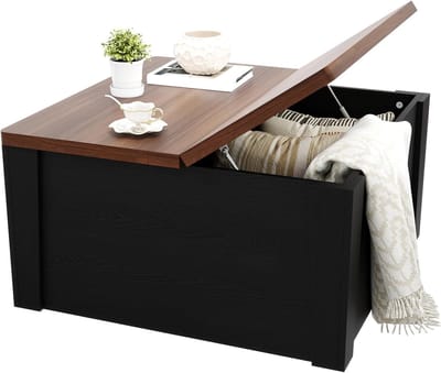 Vierkante Salontafel met Lift-Top - Dubbel Opklapbaar Tafelblad - Met Gasveer en Verborgen Opbergvak - Koffietafel voor Woonkamer - Zwart & Walnoot - 80 x 80 cm