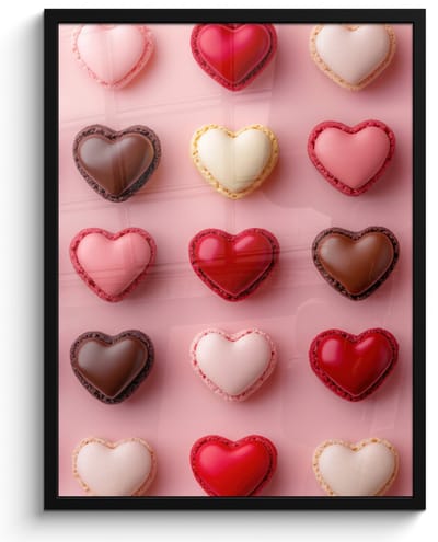 Poster in lijst - Fotolijst 50x70 cm - Posters - Macarons - Hartjes - Kleurrijk - Roze - Posterlijst zwart - Decoratie - Wanddecoratie woonkamer - Muurdecoratie slaapkamer