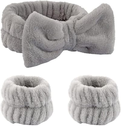 Set van 3 elastische gezichtshoofdbanden en polswasbanden voor make-up en yoga, grijs fleece