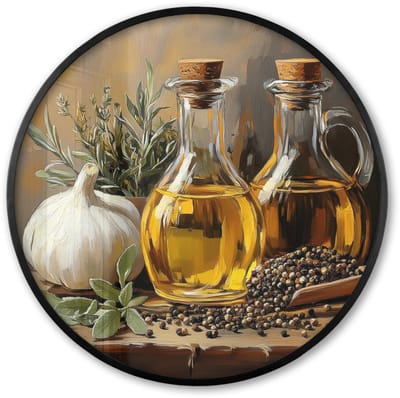 Poster in lijst Rond - Fotolijst 60x60 cm - Posters - Stilleven - Olijfolie - Knoflook - Kruiden - Ronde posterlijst zwart - Decoratie - Wanddecoratie woonkamer - Muurdecoratie slaapkamer