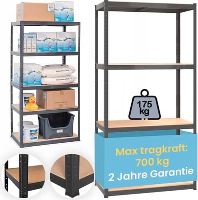 Industrieel opbergrek 75 cm breed - metalen rek voor zware lasten - 150 cm hoog - zwart - 175 kg draagvermogen - inklapbaar met MDF-platen