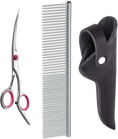 Professionele Hondenschaar – Trimschaar Ergonomisch Krom Rechts – Vacht- & Pootverzorging voor Langharige Honden – Roze met Luxe Lederen Etui – 16,5 cm – Zwart + Anti-Klit Kam – Pijnloos & Huisdiervriendelijk