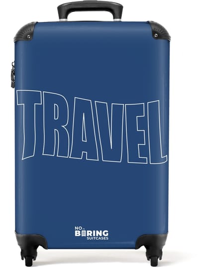 NoBoringSuitcases.com® - Handbagage koffer lichtgewicht - Reiskoffer trolley - Blauw met grote contourtekst Travel - Rolkoffer met wieltjes - Travel suitcase cabin - Reistrolley met TSA slot - Past binnen 55x40x20 en 55x35x25 - Kleine valiezen