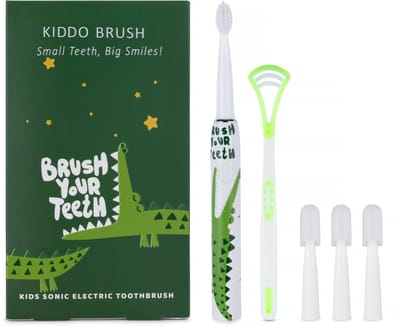 Kiddo Brush Elektrische Tandenborstel voor Kinderen (Vanaf: 3+ jaar) - Inclusief 4 opzetborstels & Tongscraper - 100 dagen batterijduur - Kindertandenborstel geschikt voor kind & peuter - Krokodil