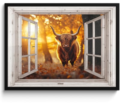 Poster in lijst - Fotolijst 70x50 cm - Posters - Schotse hooglander - Bos - Herfst - Dieren - Natuur - Bladeren - Doorkijk - Posterlijst zwart - Decoratie - Wanddecoratie woonkamer - Muurdecoratie slaapkamer