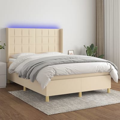 vidaXL - Boxspring - met - matras - en - LED - stof - crèmekleurig - 140x200 - cm