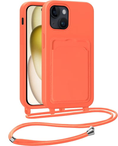 Hoesje Geschikt voor iPhone 14 Pro Max Telefoonhoesje Met Koord Case Pashouder Siliconen - Hoes Geschikt voor iPhone 14 Pro Max Hoesje Met Kaarthouder - Papaya