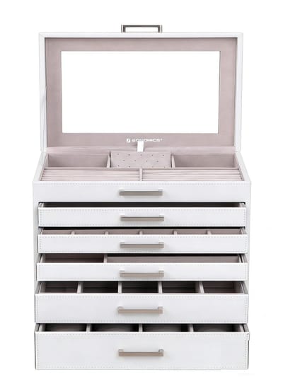 Sieradendoos Opbergdoos 30,2 x 21 x 31,3 cm Wit 6-laags multifunctionele opbergruimte met 5 laden, spiegel en vakken in verschillende maten. Zachte voering beschermt de items. Elegante en eenvoudige uitstraling.