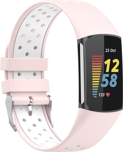 By Qubix - Compatible Fitbit bandje - Geschikt voor Fitbit Charge 5 - Fitbit Charge 6 Sportbandje met gesp - Roze / wit - Tweekleurig - Maat: L - Horlogeband - smartwatchbandje