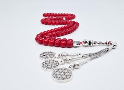 Handgemaakte tesbih natuursteen "Bloedkoraal" - Aantal kralen 99 - Diameter kralen 8MM - met metaal tassel "Harmonie" - Een mooi cadeau-idee