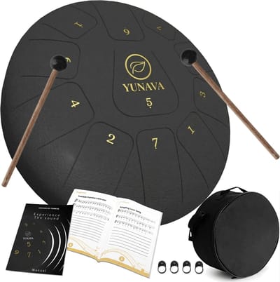 Yunava Handpan - 30 cm ø - Zwart - Steel Tongue Drum - Hand Klankschaal incl. Lesboek & Beschermtas - Hangdrum