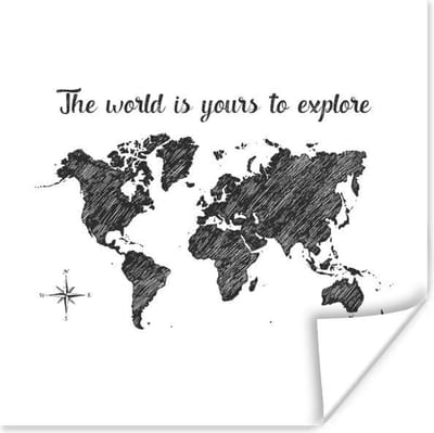Poster 30x30 cm - Wereldkaart - Zwart Wit - Quote - Posters - Kamer decoratie - Wanddecoratie woonkamer - Muurdecoratie slaapkamer