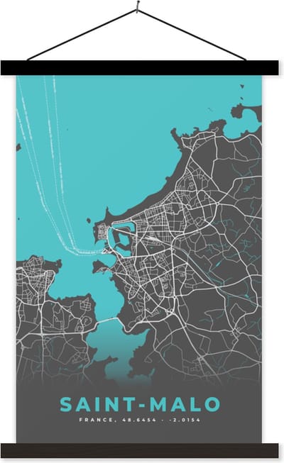 Posterhanger incl. Poster 40x60 cm - Schoolplaat - Saint-Malo - Stadskaart - Plattegrond - Kaart - Frankrijk - Textielposter - Zwarte latten - Stadskaart