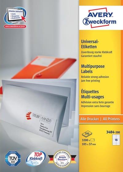 Avery Zweckform 3484, Universele etiketten, Ultragrip, wit, 200 vel, 16 per vel, 105 x 37 mm 7 stuks